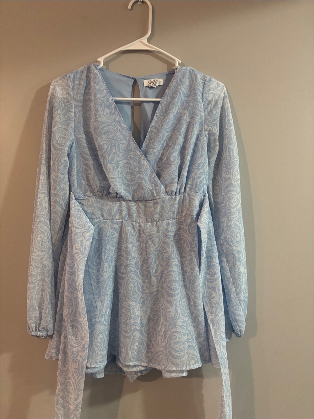 Japna Light Blue Paisley Wrap Long Sleeve Mini Dress